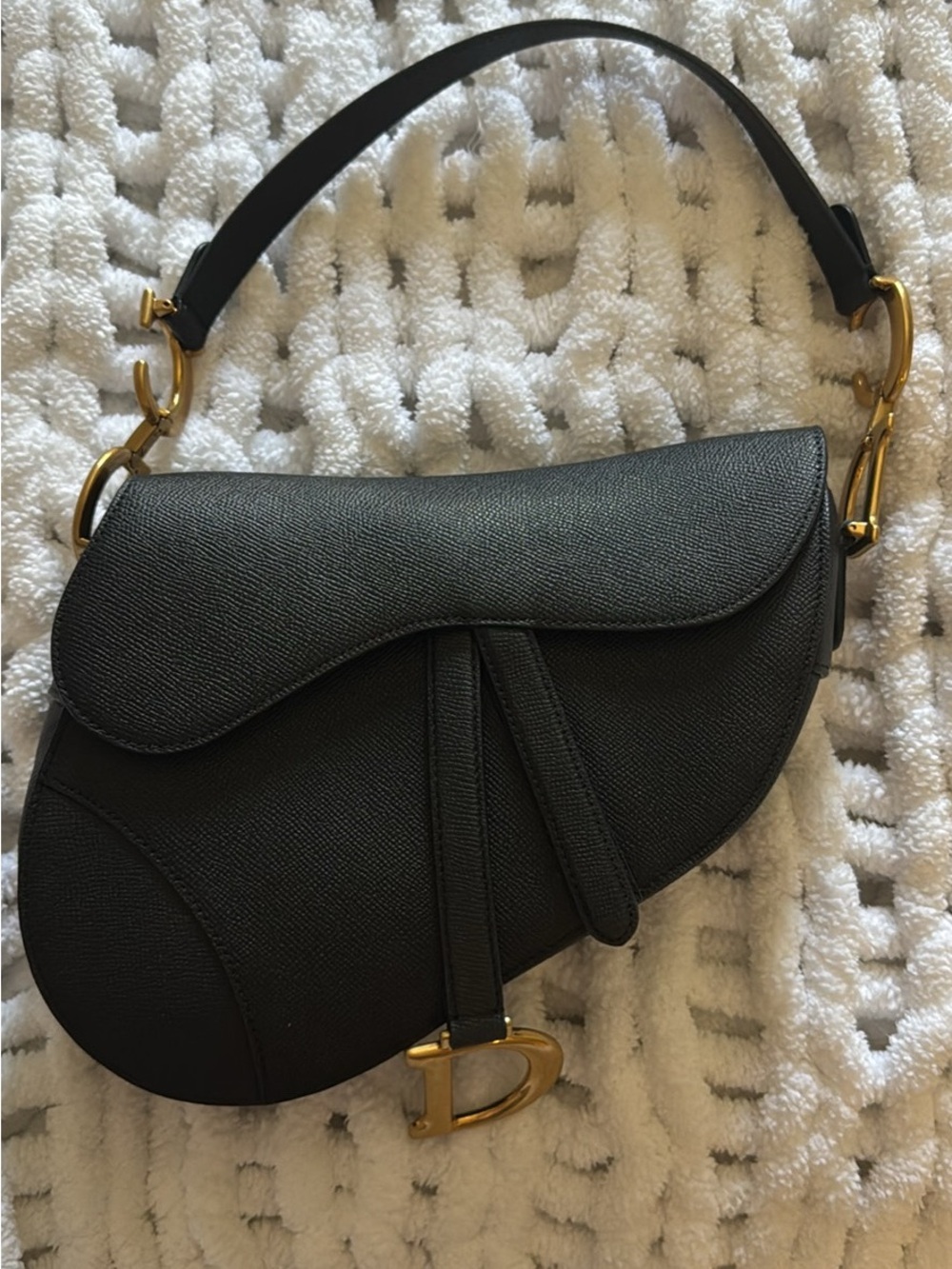 Black Saddle Shoulder Bag with Gold Hardware